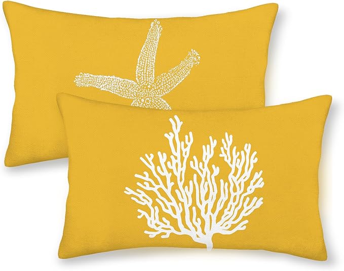 Coastal Pillow Covers 12x20 Inch Set of 2 Yellow Coral Starfish Throw Pillows Nautical Ocean Decorations Summer Linen Beach Pillowcase Outdoor Decor Farmhouse Cushion Case for Home Bedroom