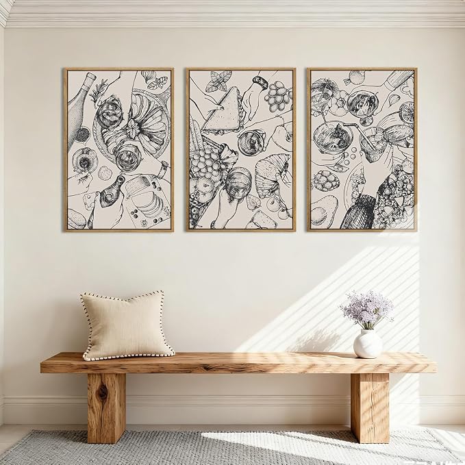 BINCUE Framed Food Wood Wall Art Set of Three Modern Cheers Kitchen Wall Decor Abstract Friends Party Art Print for Kitchen Dining Room Living Room 16x24 Inch