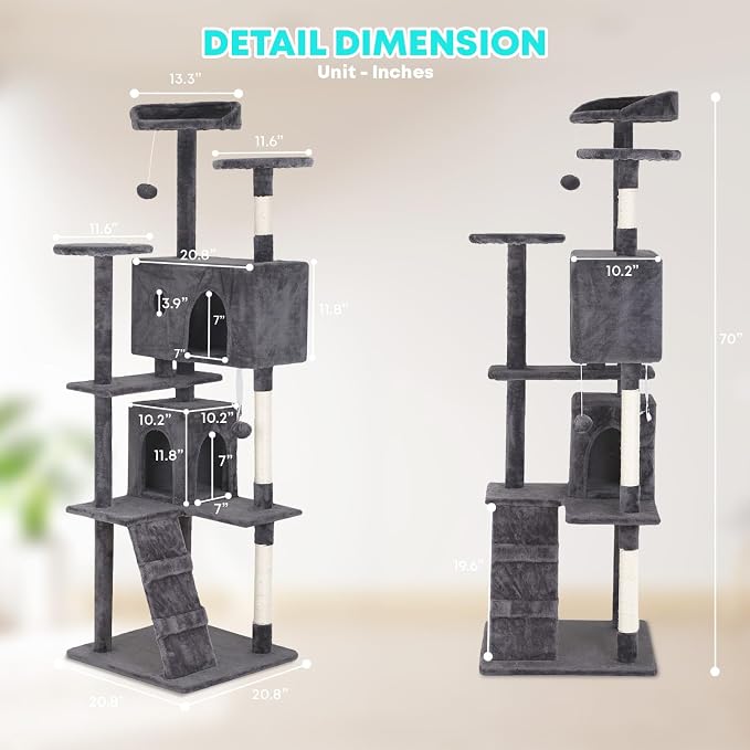 FDW | 70" Cat Tree Tower | Light Gray | Multi-Level Indoor Activity Center with Sisal Scratching Posts, Condos, Plush Perches, Hanging Cat Toys | Sturdy, Easy to Assemble | for Kittens & Adult Cats
