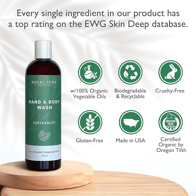 SoCal Suds & Company Organic Shea Butter Body Wash, 2-Pack – Peppermint Liquid Castile Soap for Hand & Body, Moisturizing Plant-Based Organic Soap for Women, Men & Sensitive Skin (12oz Each)