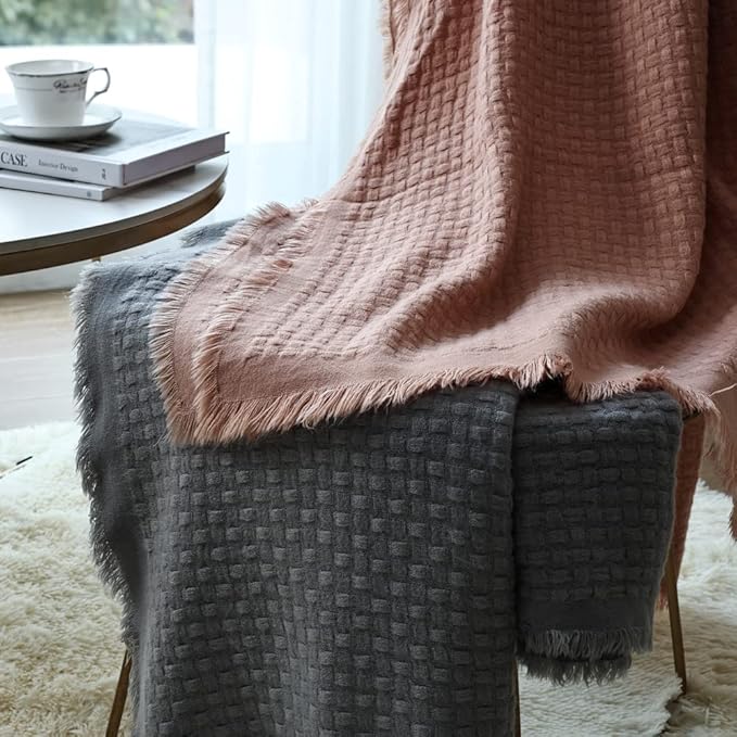 CREVENT Farmhouse Waffle Knit Throw Blanket for Couch Sofa Chair Bed Home Decoration, Soft Warm Cozy Light Weight for Spring Summer Fall (50''X60'' Coral Pink)