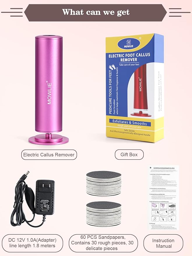 Electric Foot Callus Remover for Feet - Heavy Duty Pedicure Tool w/ 60 Grinding Discs Dead Skin Remover (Pink)