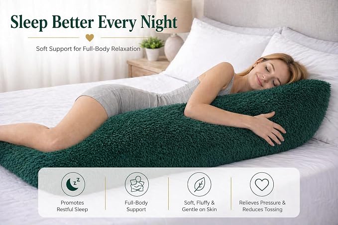 REAFORT PV Faux Fur Body Pillow Cover 21"x54", Hidden Zipper (Evergreen) | Ultra-soft long hair faux fur with a hidden zipper offers luxurious comfort and is machine washable for easy care.