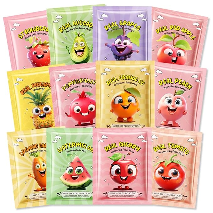 evpct 12-Pack Fruit Sheet Face Facial Masks for Women Skincare Spa, Facial Spa Day Slumber Sleepover Birthday Party Favors Supplies, Natural Ingredients, Hydrate and Soothe for All Skin Types, SetA02