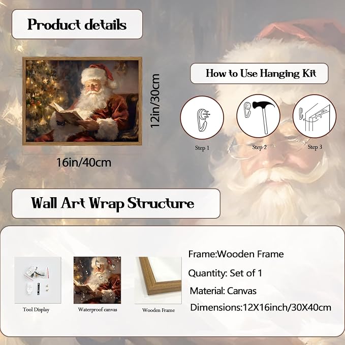 Framed Vintage Christmas Canvas Wall Art, Santa Claus Reading Book Paintings Wall Decor, Rustic Winter Holiday Pictures Prints for Living Room Bedroom Home Decoration 12×16 inch