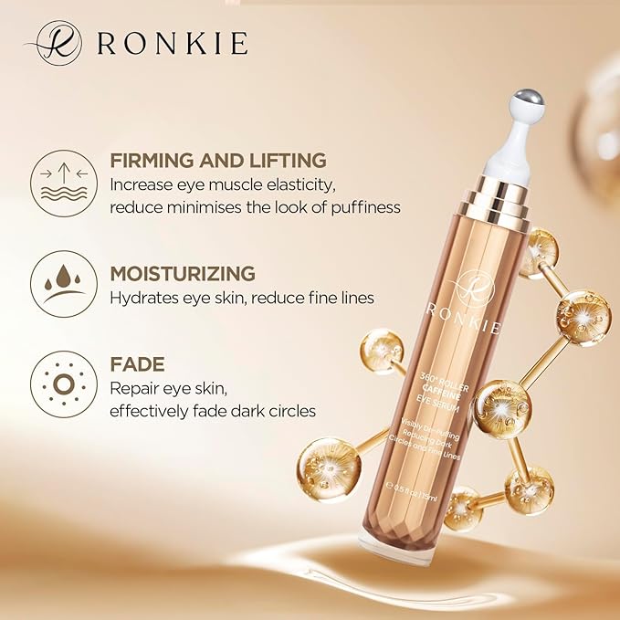 RONKIE Eye Cream for Dark Circles: Under Eye Cream with Caffeine Retinol - Reduces Under Eye Bags and Fine Lines Gold