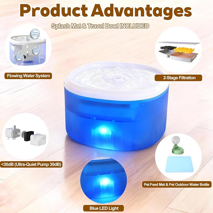 Cat Water Fountain,2.2L/74oz Cat Fountain – Ultra Quiet Upgraded Automatic Pet Water Fountain with 3 Replaceable Filters,12oz Pet Outdoor Water Bottle&Cat Drinking Fountain for Small Dogs (Blue)