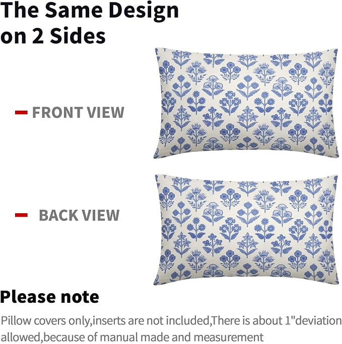 Blue Floral Pillow Covers 12x20 Inch Set of 2, Block Print Lumbar Flower Cream Decorative Throw Pillowcases Outdoor Farmhouse Rectangle Cushion Covers Spring Summer Sofa Couch Bed Decor