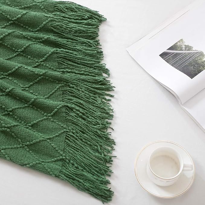 BOURINA Green Throw Blanket 60x80 Inch Boho Knitted Soft Throw Sofa Blanket | Knitted Throw Blanket 60x80 Inches, Soft Lightweight Boho Weave Throw Decorative Couch Blanket for Living Room Bedroom Chair