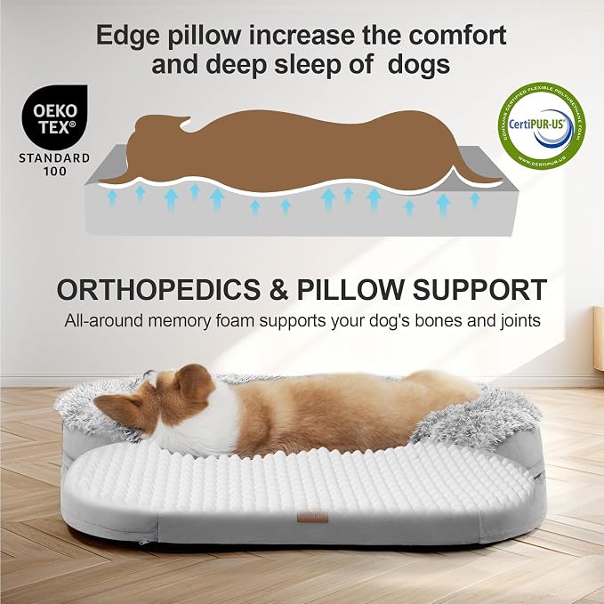 3.7 inch Thickened Orthopedic Dog Beds for Medium Dogs, Supportive Dog Sofa Bed with 28D Egg-Crate Foam, Removable Washable Plush Cover, Waterproof Lining, Half-Round Design for Puppy,Senior Dog