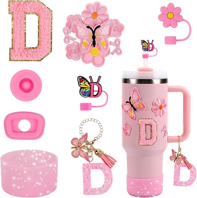 15PCS Cup Accessories Set for Stanley Cup 30oz 40oz Tumbler with Handle, Including Silicone Straw Cover and Boot, Spill Proof Stopper, Stanley Charms, Handle Charm, Initials Sticker