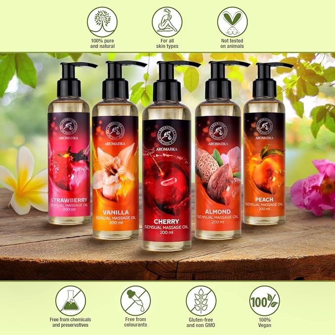 Cherry Sensual Massage Oil for Couple 6.8 Fl Oz - Massage Oil - Blend of Almond and Grapeseed Oils - Body Oil for Him & Her - for Couples - Romantic Gift - Relaxing Massage Oil