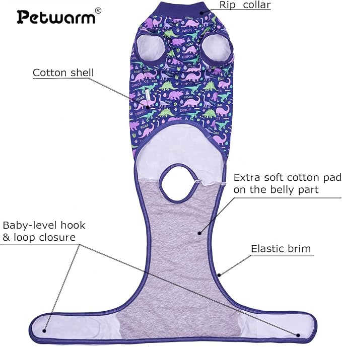 PetWarm Surgery Recovery Suit Spay, Onesies for Dogs, Dog Cone Alternative After Surgery Substitute E-Collar and Cone Prevent Dog Onesies Pet Recovery Suit, Dinosaur Pattern, Blue Purple, XS