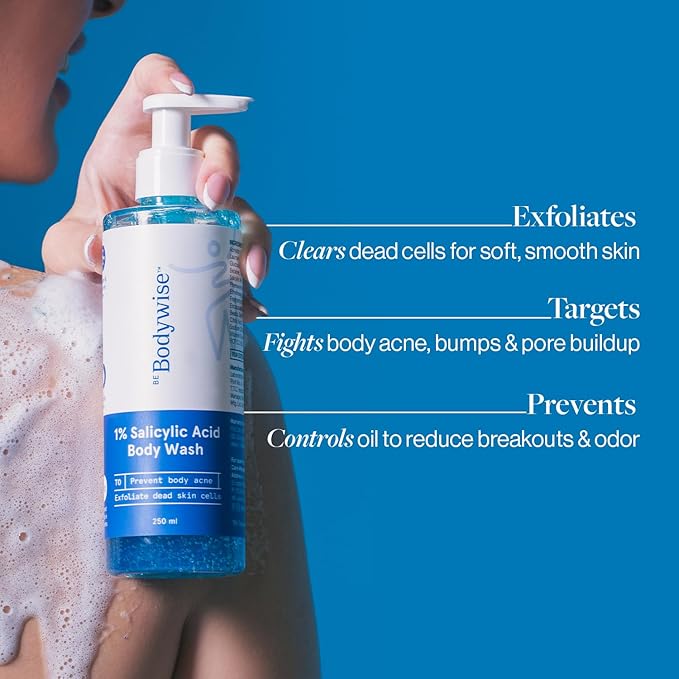 Be Bodywise Body Wash. Prevents Body Acne, Strawberry Skin. Has 1% Salicylic Acid. Deep Moisture, Fresh Scent. Paraben Free, Suphate Free. 8.45 Fl Oz