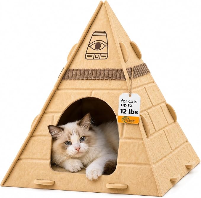 Cat Cave, Pyramid Felt Cat Scratch House for Indoor Cats | Scratch-Resistant & Foldable Cat House, Calming Kitten Sleeping Hideaway, Pharaoh Headdress Included, 17x17x20 inch