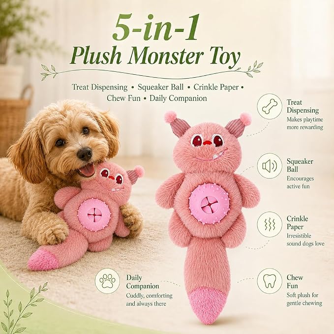 Cute Monster Plush Dog Chew Toy – Squeaky Ball, Crinkle Paper & Treat Dispenser, Washable Interactive Stuffed Toy for All Breeds, Relieves Boredom & Anxiety（Pink）