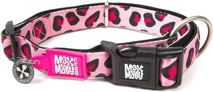 Max & Molly Urban Pets Smart ID Dog Collar - Soft Neoprene, Waterproof, Machine Washable, Power Buckle, Gotcha! QR Tag & Custom App Profile, Leopard Pink M
