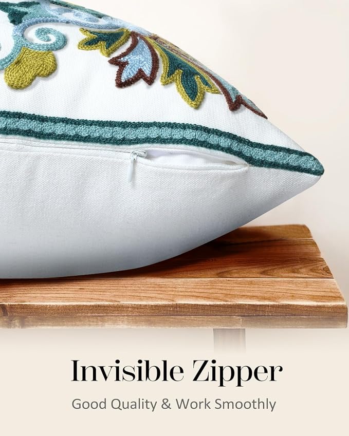 Embroidered Throw Pillow Cover - 18x18 Decorative Pillow Cover with Zipper Aesthetic Cute Design Boho Spring Summer Cozy Throw Pillowcase for Living Room Couch Sofa Bed, Classical Flowers