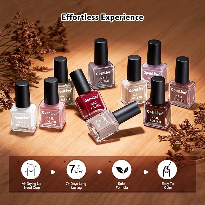 12 PCS Nail Polish Set 10 Color With 2PCS Base and Top Coat Quick Drying Fall Nude Brown White Red Color Holiday Gift for Her 5ML