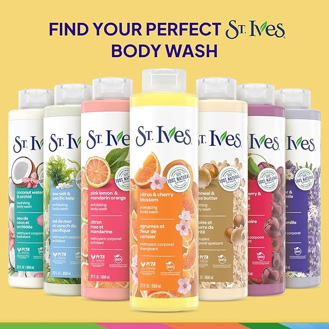 St. Ives Body Wash, Citrus & Cherry Blossom Energizing Shower Gel 2-Pack, 100% Natural Extracts, Cruelty-Free, 22 Oz Ea