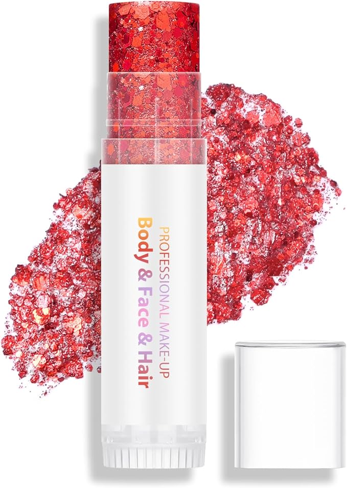 Red Body Hair Face Glitter Stick, Holographic Sequins Face Sparkle Glitter Gel Neon Outfit for Women Face Paint Rave Festival Mermaid Chunky Makeup