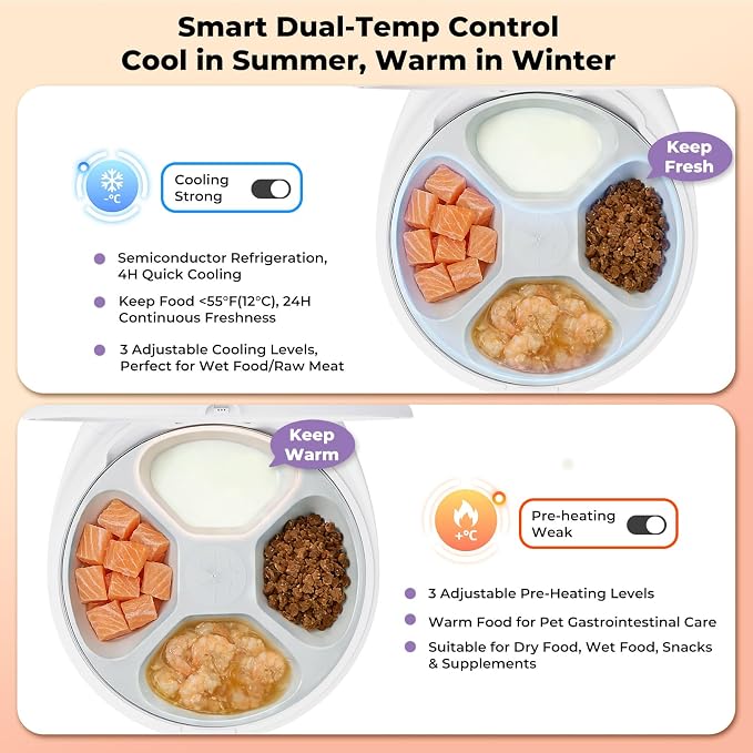 UBPET Smart Automatic Cat Feeder with Cooling & Heating, APP Control Dual-Temp Feeder for Wet/Dry/Raw Food, 24H Freshness, 4-Grid Tray, Anti-Pinch for Cats & Small Dogs (2-10kg)