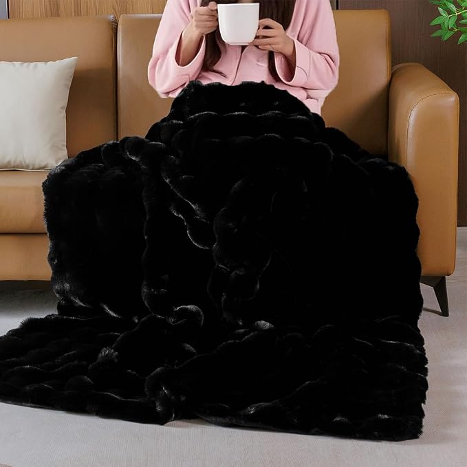 Fluffy Furry Black Faux Fur Throw Blanket for Couch Bed 50x60 Fuzzy Bubble Soft Blanket for Adults Gift Home Living Room Decorative Decor 860 GSM