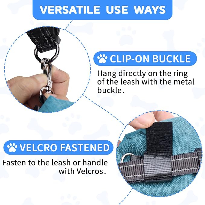 Dog Poop Bag Holder with Treat Pouch, 2 Zipper Pockets & Leash Clip