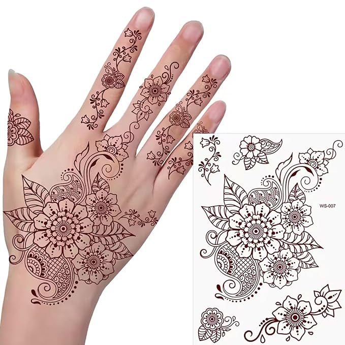 6 Sheets Henna Tattoos Temporary Stickers Reddish Brown Floral Geometric Waterproof Henna Tattoos for Women Indian Diwali Supplies Wedding Party Festivals Decoration