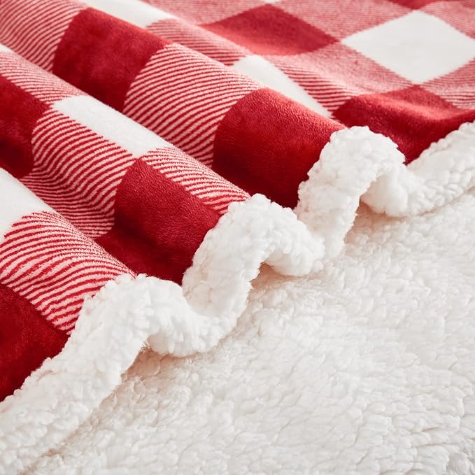 Sherpa Red and White Buffalo Plaid Christmas Twin Blanket 60" X 70", Fuzzy Fluffy Soft Cozy Blankets, Fleece Flannel Plush Microfiber Throw for Couch Bed Sofa (Red and White)