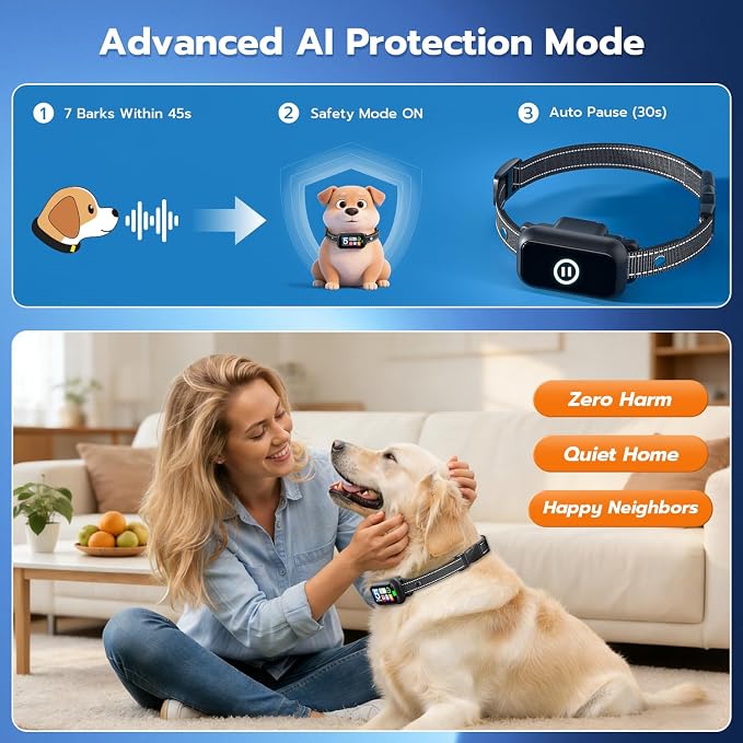Bark Collar for Small Medium Large Dogs 8-100lbs | Upgraded Smart AI Anti Barking Collar w/AirTag Holder, 5 Modes (Beep/Vib/Safe Shock), Adjustable Sensitivity, Bark Counter, Rechargeable Waterproof