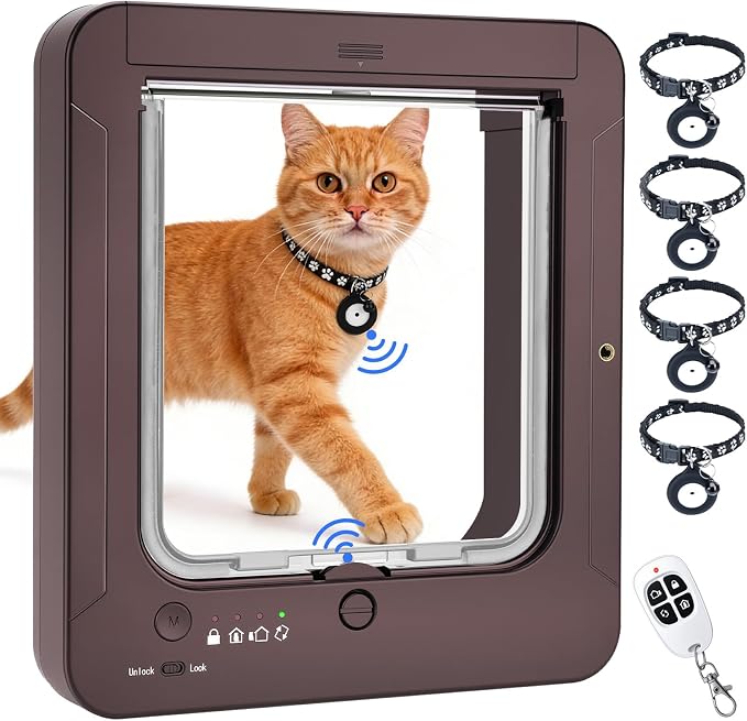 Smart Cat Door with 4 Collar Sensor Key, RFID Cat Door Collar Activated with Remote Control, 4 Way Locking Cat Flap Automatic Pet Door Interior & Exterior(Brown)
