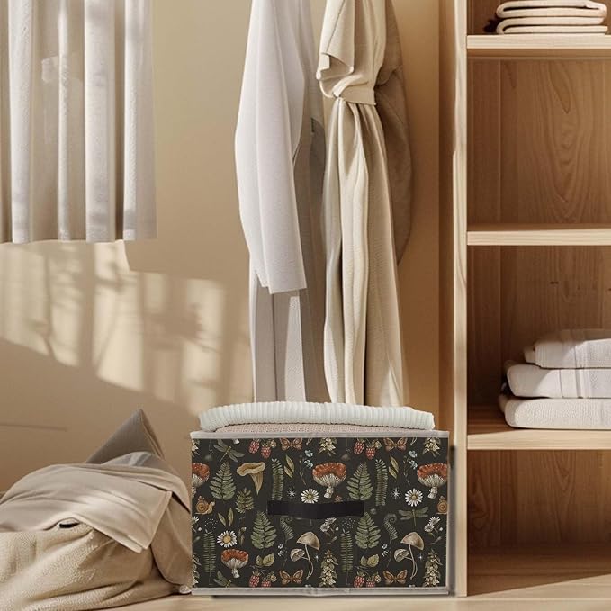 Dark Floral Mushroom Storage Bins Basket, Dark Cottagecore Botanical Insect Collapsible Fabric Storage Box Organizer Toybox for Bedroom Bathroom Clothes Books Toys