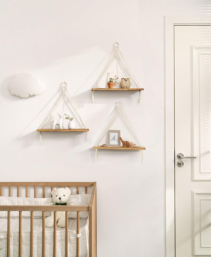 Mkono Macrame Hanging Shelves Boho Wall Decor Set of 3 Floating Wood Shelf | Cute Room Decor for Teen Girls Display Storage Shelves for Hanging Plant Photos Fit Bedroom Bathroom Living Room Nursery Dorm
