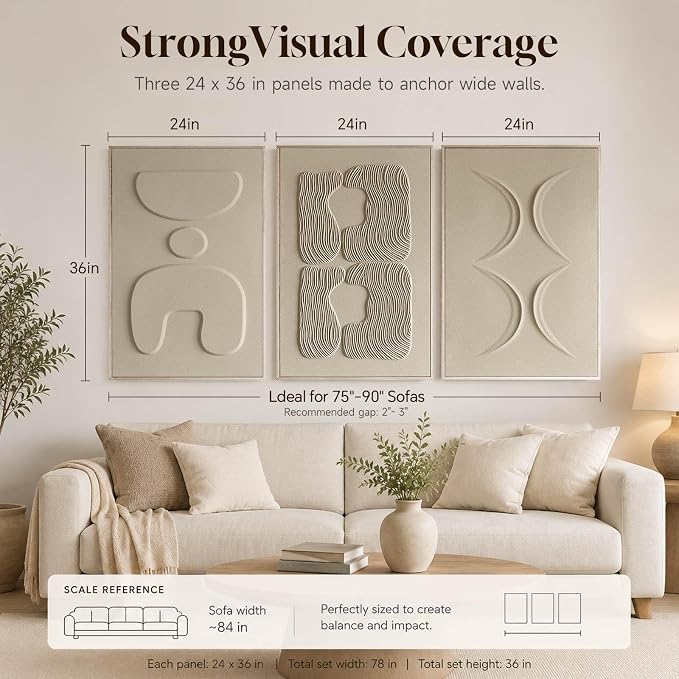 Thalasse Abstract Wall Art Large Framed 3D Sandstone 24x36 In | Wabi Sabi relief panels, solid wood frame, minimalist living room hallway entryway decor, 3 piece set