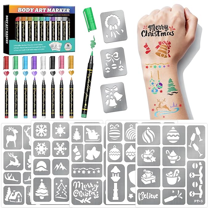 8 Metallic Temporary Tattoo Markers for Kids Adults, 155+ Christmas Santa Snowman Tattoo Stencils, Girl Boy Women Face Body Paint Cosmetic Tattoos Pens for Skin DIY Xmas Stocking Stuffers Party Favor