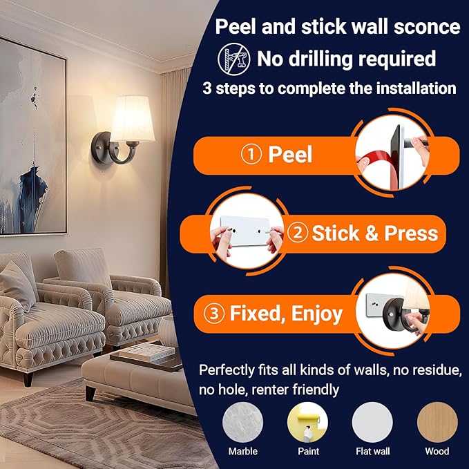 YHCDLAMP Peel and Stick Wall Sconces, No Drilling Stick On Wall Sconce, Wireless Battery Operated Wall Lights, Adhesive Wall Lamp with 10000mAh Battery Bulb for Bedroom Living Room Decor