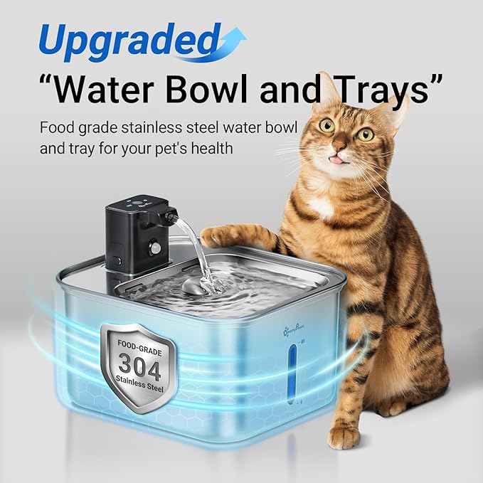 DownyPaws Cat Water Fountain Stainless Steel Wireless, Metal & 6 Filters | Cordless Battery Operated Pet Water Automatic Fountain, 101 Oz/3L Water Fountain for Cats Drinking with Motion Sensor
