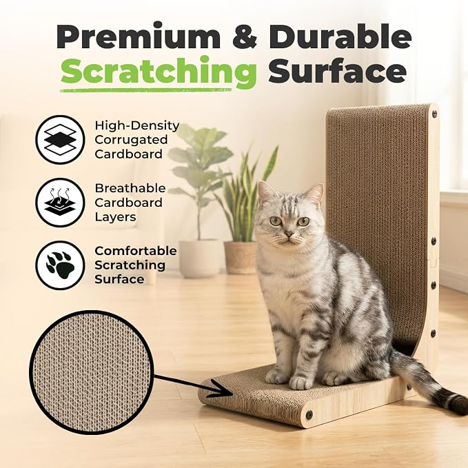 Best Pet Supplies Catify L-Shaped Cardboard Cat Scratcher - H: 26" | 16" x 11" x 26", Ball Toy Included, Durable Corrugated Cardboard, Space Saving Design, Furniture Protector, For Big Cats