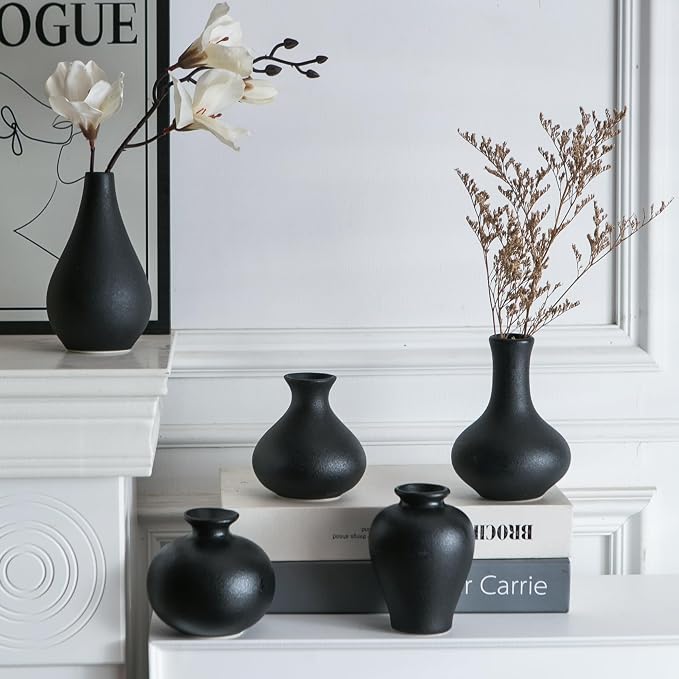 Tanvecle Small Black Vases, Ceramic Bud Vase Set 5, Modern Home Decor | Mini pottery vases for pampas grass, flowers, minimalist home decor, wedding centerpiece for dining table living room shelf