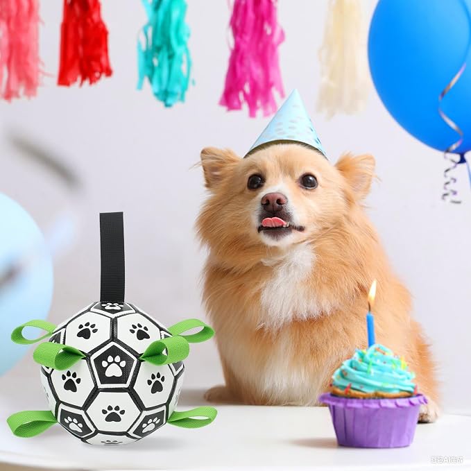 Dog Soccer Ball with Straps, 7.25 Inch Herding Dog Ball Toys Dog Birthday Toy, Balls for 30-90lbs Dogs, Outdoor Dog Ball Toy for Medium Large Puppy, Interactive Toy for Tug, Water Toy Ball