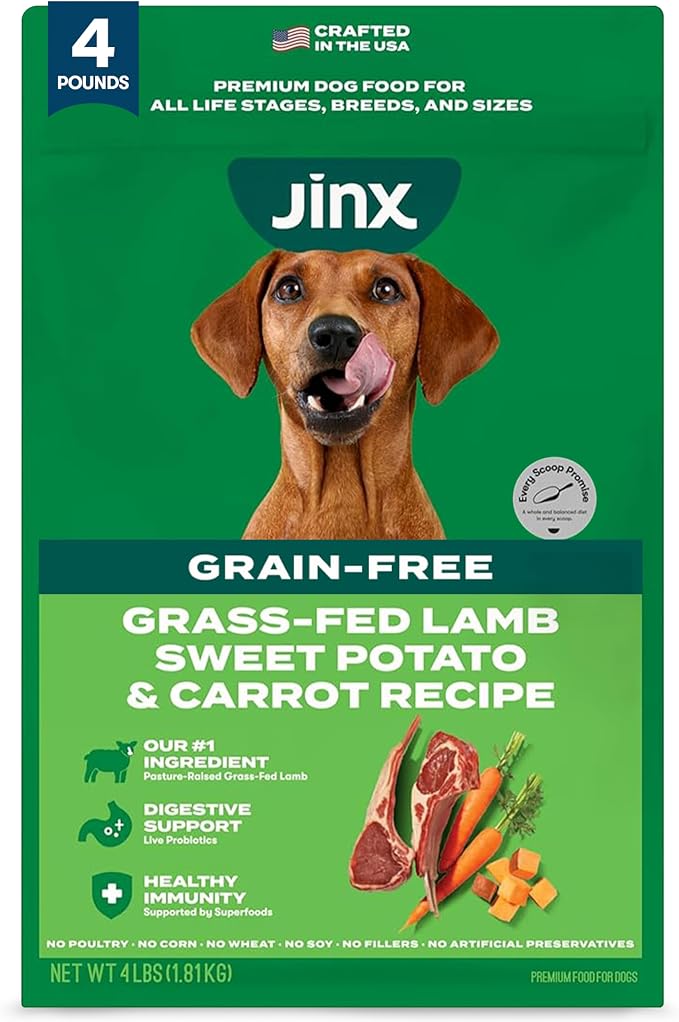 Jinx Grain Free Dry Dog Food - Real Lamb, Sweet Potato & Carrot, 4lb | Premium Kibble for Digestive Support & Healthy Immunity - No Fillers, All Lifestages (Puppy, Adult & Senior), Breeds & Sizes