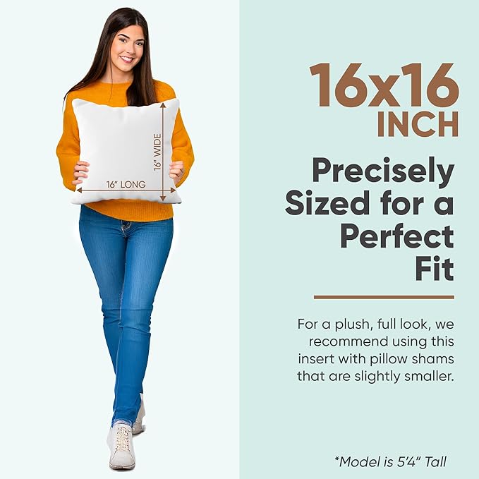 Pillowflex Synthetic Down Pillow Insert 16x16 in - Karate Chop Pillow | Small Square Sham Form, Plush Polyester Cotton Blend, Cloud-Like Comfort, Clump-Resistant Fill, Smooth Elegant Finish