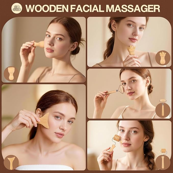 15Pcs Wood Therapy Massage Tools Set for Body Sculpting, Wooden Rollers, Gua Sha & Facial Rollers for Lymphatic Drainage, Home Spa Routines, Face, Neck, Waist, Abdomen, Hips and Legs