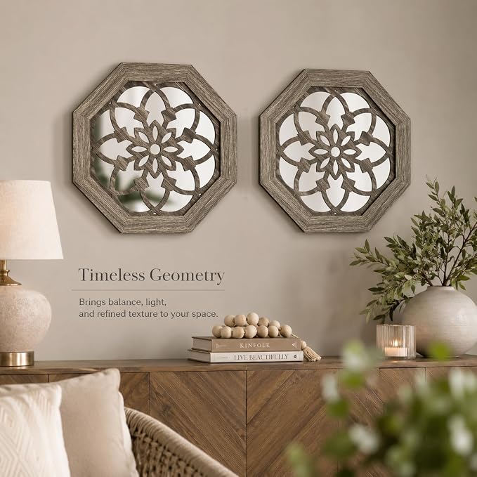 2 Pack 12 Inch Octagon Brown Rustic Wood Frame Acrylic Wall Mirrors, Farmhouse Boho Wall Art Decor for Living Room, Bedroom, Hallway, Entryway, Bathroom & Office