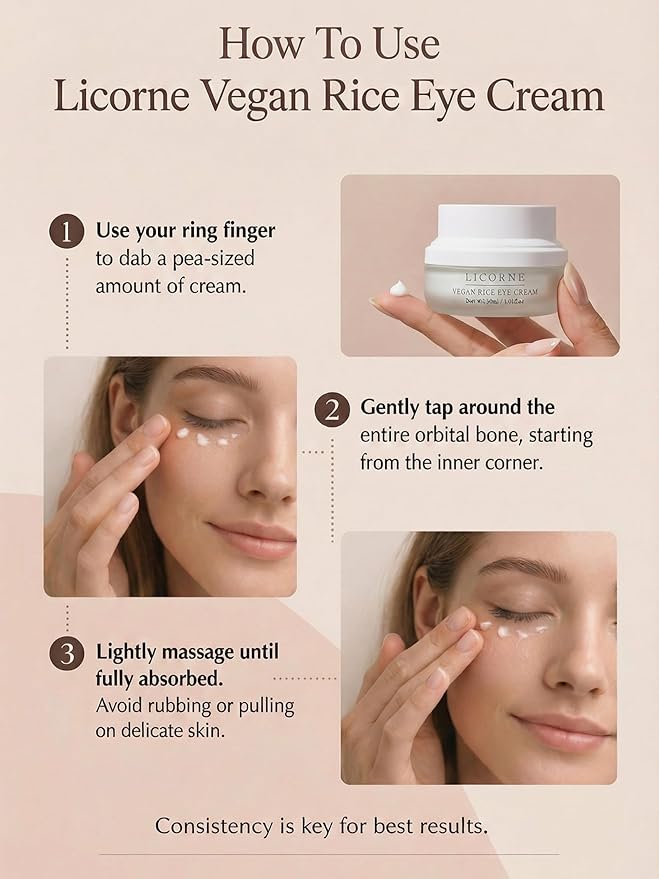 LICORNE Vegan Rice Eye Cream for Dark Circles and Puffiness - Thick Butter Texture Under Eye Care with AHA & PHA, Fragrance Free Hydration for Sensitive Skin, Large 1.01 Fl Oz (30ml)