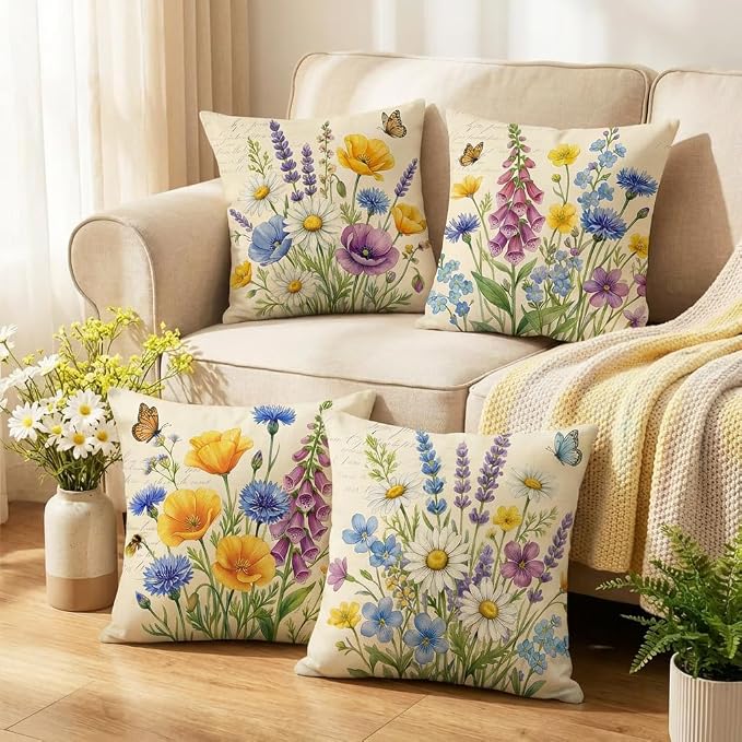 wyooxoo Throw Pillow Covers 16x16 Set of 4 Spring Pillow Covers Linen Flower Farmhouse Cushion Case for Sofa Couch Living Room Outdoor Home Decor