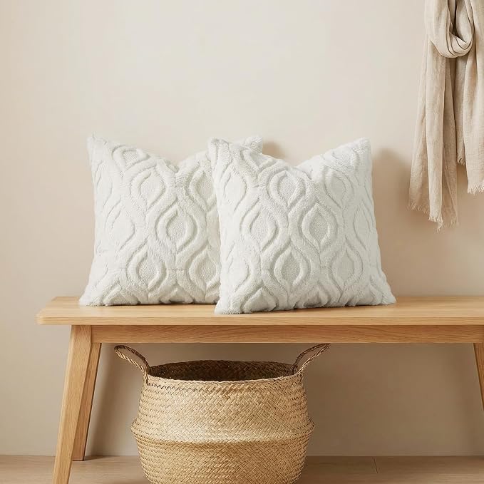 decorUhome Faux Fur Soft Cream White Throw Pillow Covers 12x20 Set of 2 | Plush Solid Fall Couch Pillow Covers, Accent Modern Farmhouse Neutral Decorative Square Pillow Cases for Sofa Bed Living Room