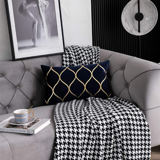 Gold Velvet Throw Pillow Covers Navy: 2 Pack 12x20 Inch Rectangular Decorative Pillow Cases for Bedroom Sofa Couch Living Room