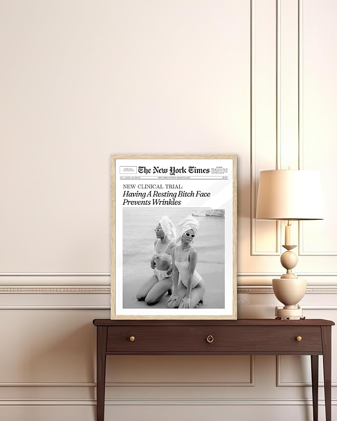 iHery 8x10in Funny Beach Girls Framed Newspaper Wall Art | Natural OAK Wood Frame with Canvas Print, Retro Magazine Decor for Bathroom, Bedroom, Girl Dorm, Living Room 1Pack